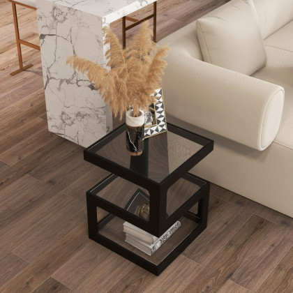 HMR Modern Glass End Table with 3 Tiers - Black