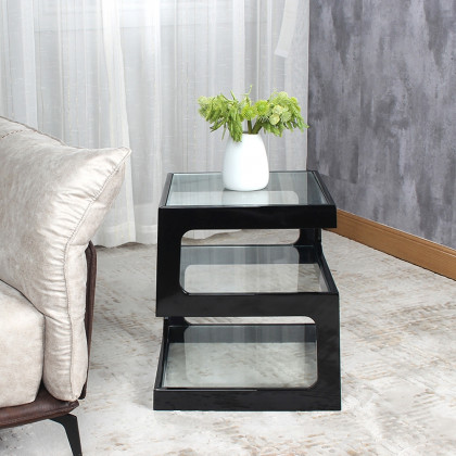 HMR Modern Glass End Table with 3 Tiers - Black
