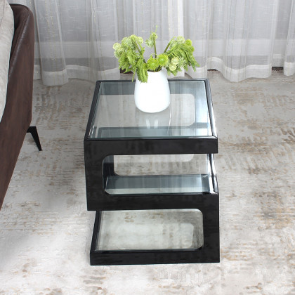 HMR Modern Glass End Table with 3 Tiers - Black