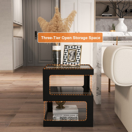 HMR Modern Glass End Table with 3 Tiers - Black