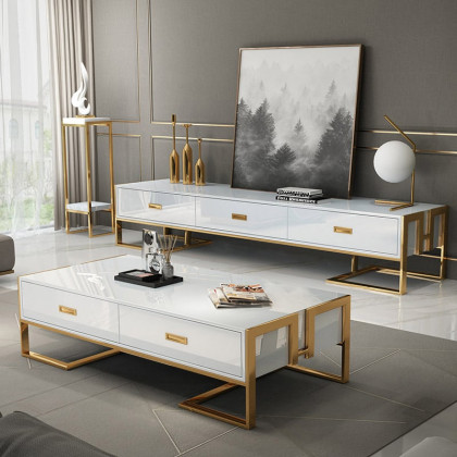 HMR Jocise Modern 71" TV Stand 3 Drawers Media Console - White/Gold