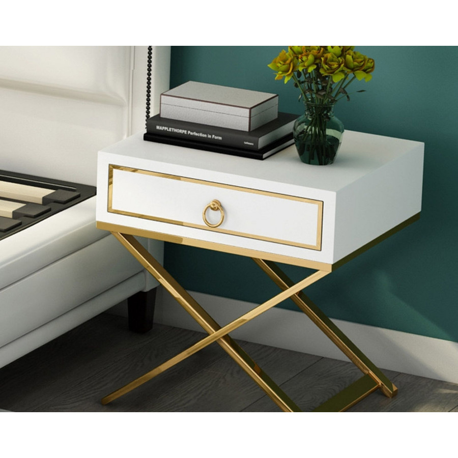 HMR - 1-Drawer Nighstand with X-Shaped Stainless Steel Base in White
