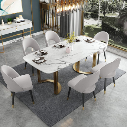 HMR Modern 63" Rectangle Dining Table for 4-6 People - Gold/White, Faux Marble