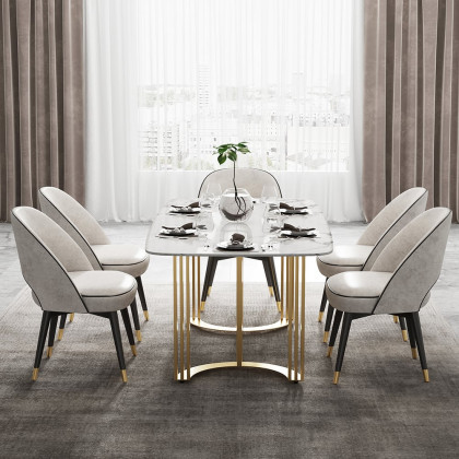 HMR Modern 63" Rectangle Dining Table for 4-6 People - Gold/White, Faux Marble