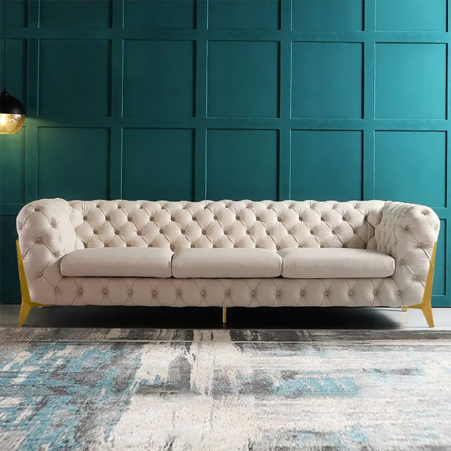 HMR - Chesterfield 3-Seater Sofa Button Tufted Velvet in 91"W, Beige