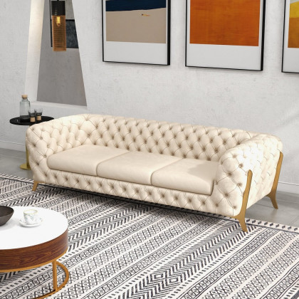 HMR - Chesterfield 3-Seater Sofa Button Tufted Velvet in 91"W, Beige