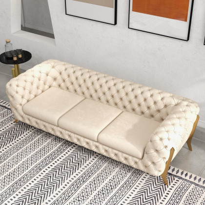 HMR - Chesterfield 3-Seater Sofa Button Tufted Velvet in 91"W, Beige
