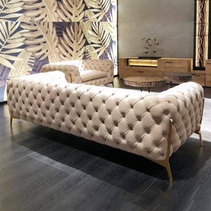 HMR - Chesterfield 3-Seater Sofa Button Tufted Velvet in 91"W, Beige