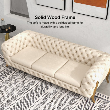 HMR - Chesterfield 3-Seater Sofa Button Tufted Velvet in 91"W, Beige