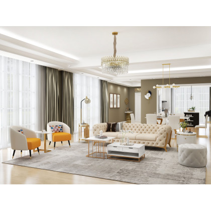 HMR - Chesterfield 3-Seater Sofa Button Tufted Velvet in 91"W, Beige