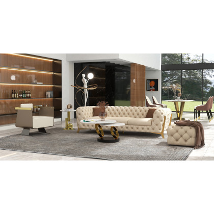 HMR - Chesterfield 3-Seater Sofa Button Tufted Velvet in 91"W, Beige