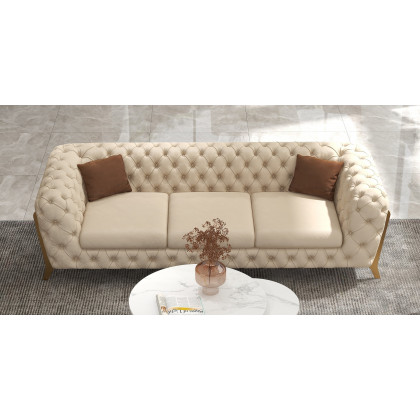 HMR - Chesterfield 3-Seater Sofa Button Tufted Velvet in 91"W, Beige