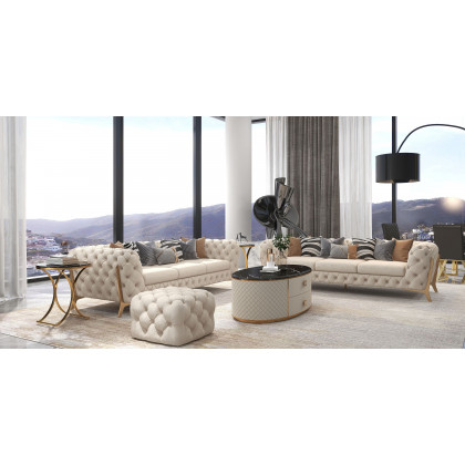 HMR - Chesterfield 3-Seater Sofa Button Tufted Velvet in 91"W, Beige