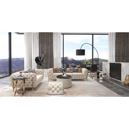 HMR - Chesterfield 3-Seater Sofa Button Tufted Velvet in 91"W, Beige