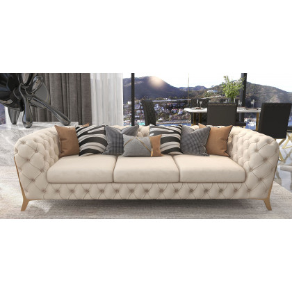 HMR - Chesterfield 3-Seater Sofa Button Tufted Velvet in 91"W, Beige
