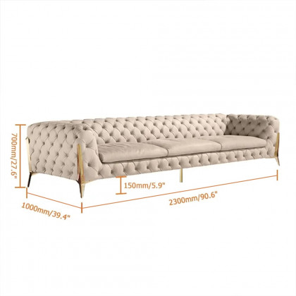 HMR - Chesterfield 3-Seater Sofa Button Tufted Velvet in 91"W, Beige