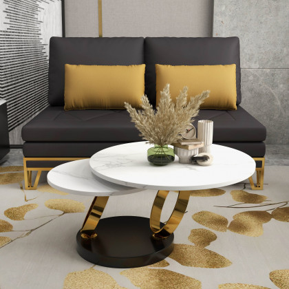 HMR Modern Extendable Coffee Table with Ring-Shaped Metal Pedestal - Gold