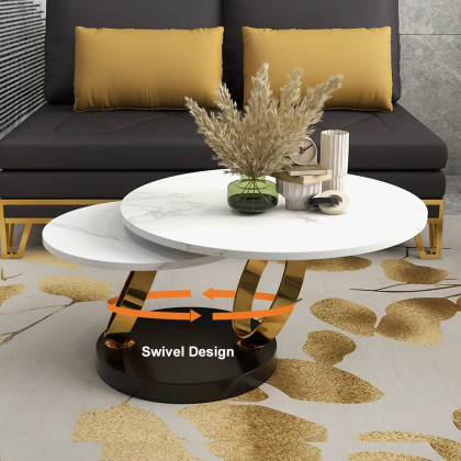 HMR Modern Extendable Coffee Table with Ring-Shaped Metal Pedestal - Gold