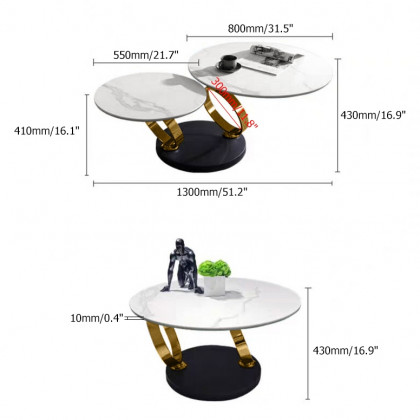 HMR Modern Extendable Coffee Table with Ring-Shaped Metal Pedestal - Gold