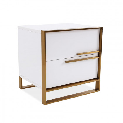 HMR Cylina Series Modern Square Nightstand with 2 Drawers - White/Gold, Right Hand