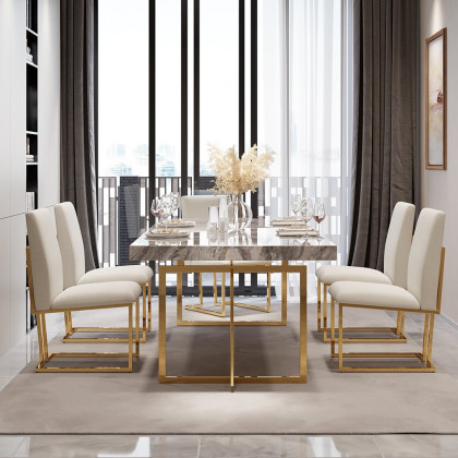HMR - Modern Linen Upholstered Dining Chair with Stainless Steel Leg (Set of 2) in Beige