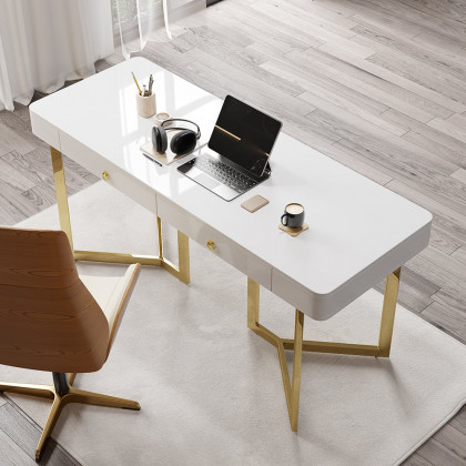 HMR Modern 63" Office Desk with Gold Tripod Base - White, Stainless Steel