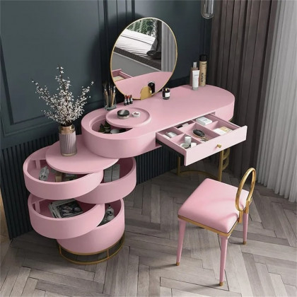 HMR - Vanity Table with 4-Drawer Swivel Cabinet and Mirror and Chair Included in White