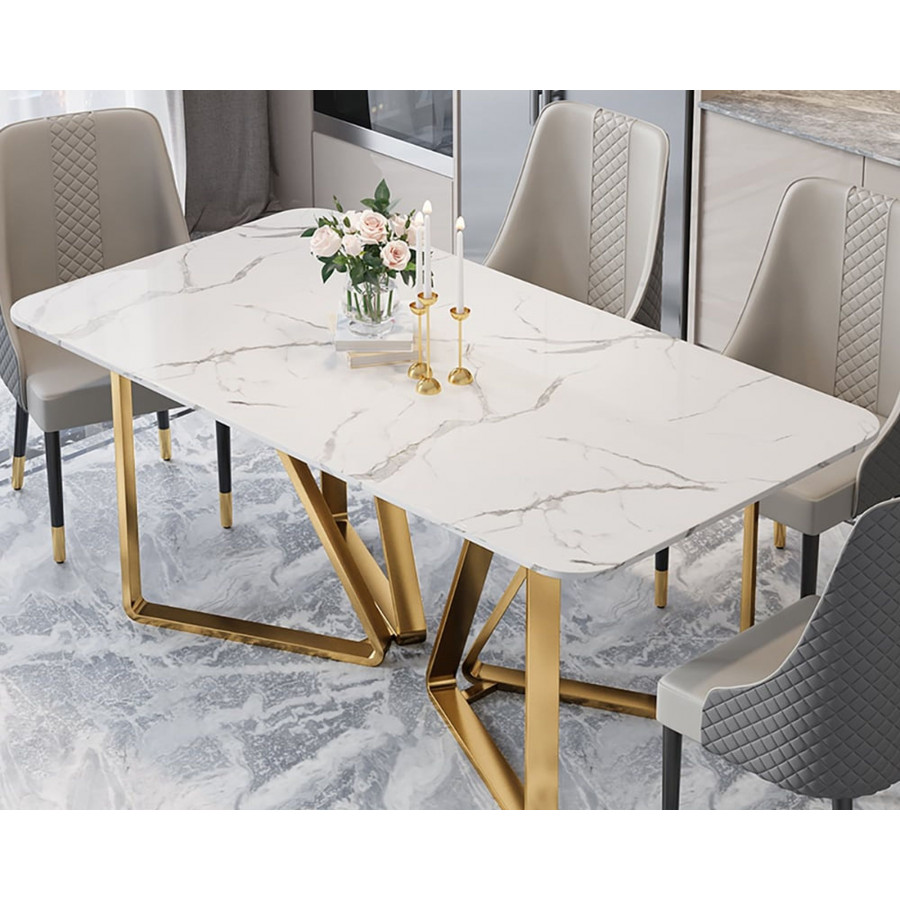 HMR - Marby Rectangle Dining Table with Base Stainless Steel in 63"L, Gold