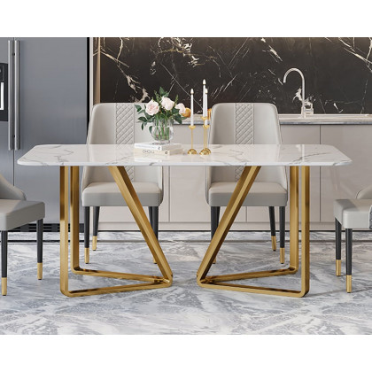 HMR - Marby Rectangle Dining Table with Base Stainless Steel in 63"L, Gold
