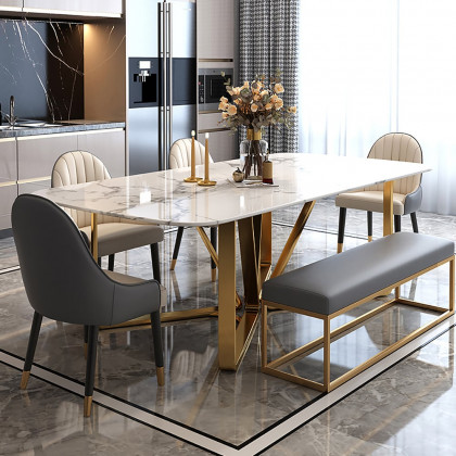 HMR - Marby Rectangle Dining Table with Base Stainless Steel in 63"L, Gold