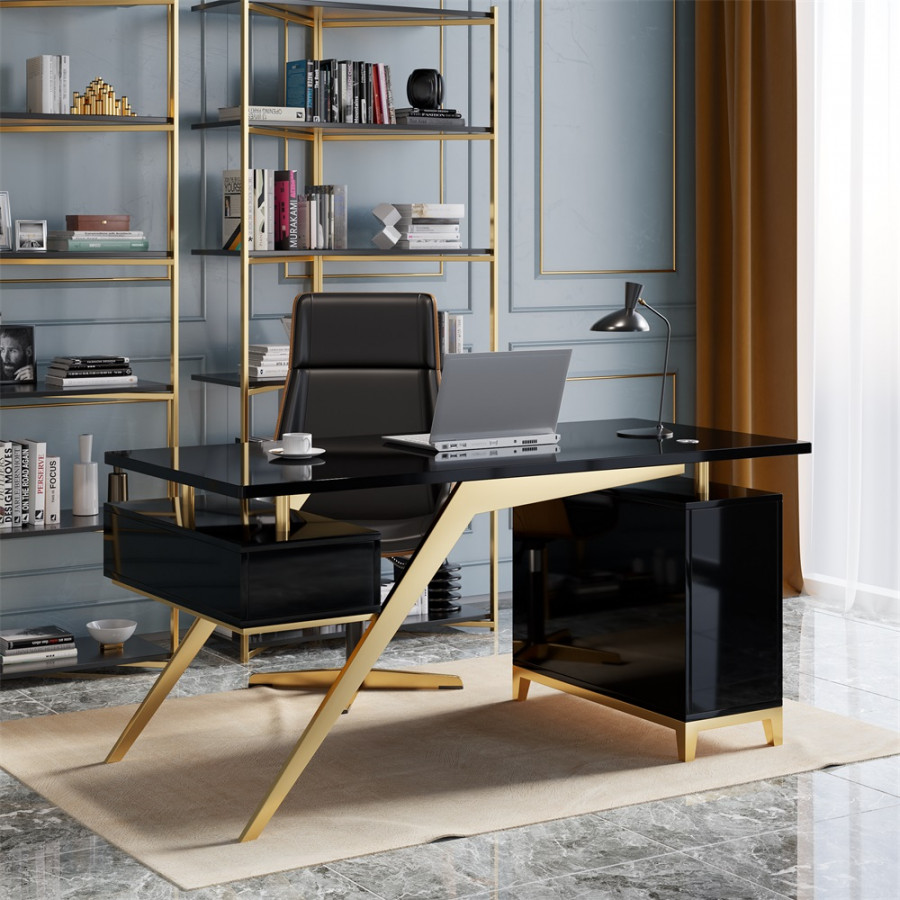HMR Hungled 55" Modern Office Executive Desk with Storage File Cabinet - Black