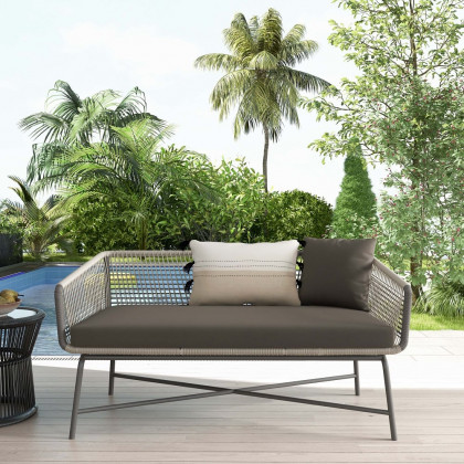 HMR - Outdoor PE Rattan Loveseat with Cushion Pillows and Metal Legs in Multicolor