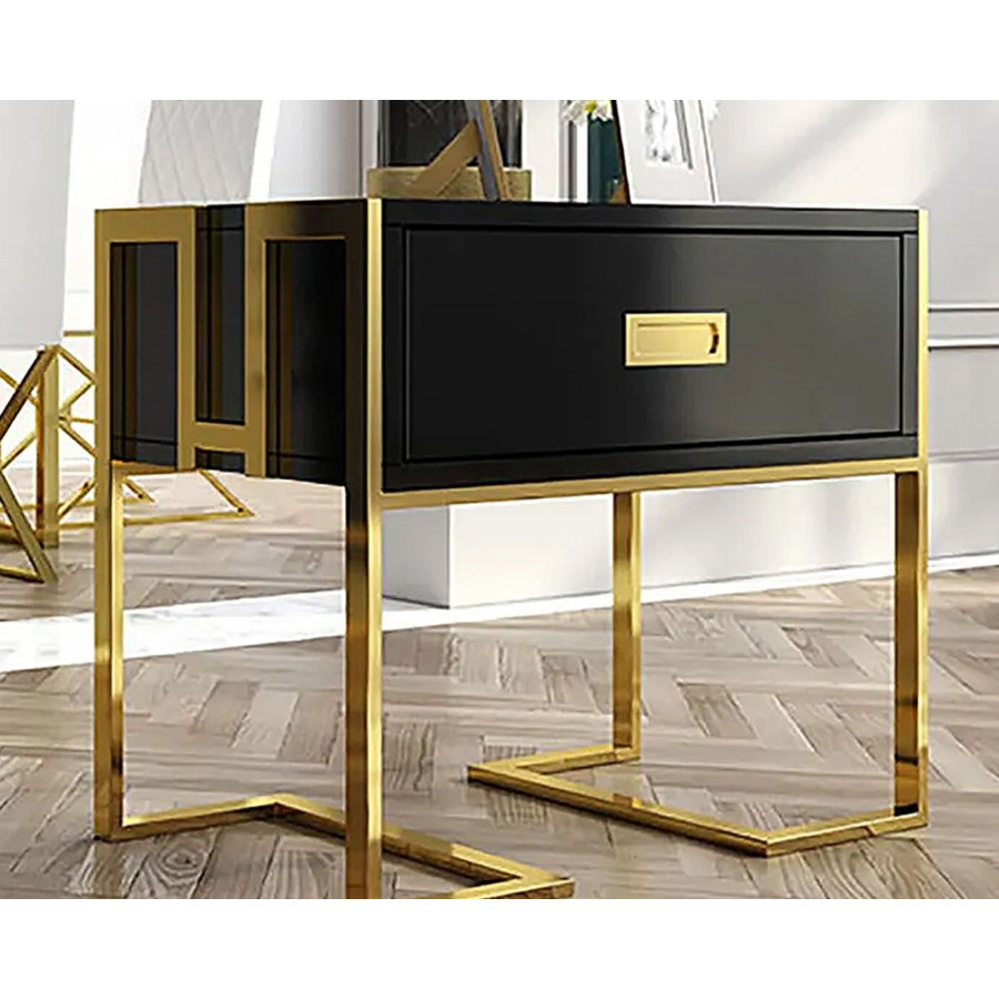 HMR Jocise Series Modern End Table with 1 Drawer & Golden Double Pedestal - Black