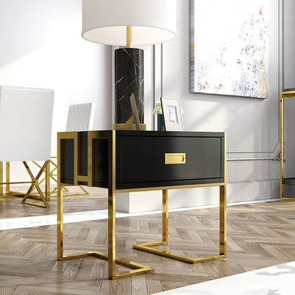 HMR Jocise Series Modern End Table with 1 Drawer & Golden Double Pedestal - Black