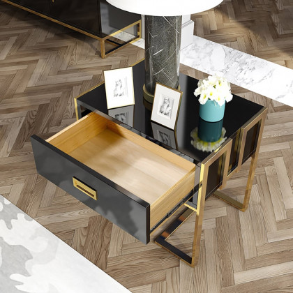 HMR Jocise Series Modern End Table with 1 Drawer & Golden Double Pedestal - Black