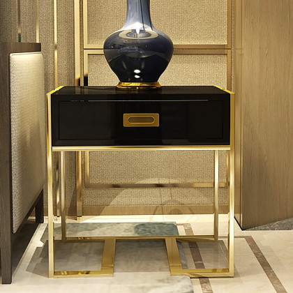 HMR Jocise Series Modern End Table with 1 Drawer & Golden Double Pedestal - Black