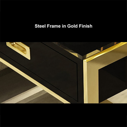 HMR Jocise Series Modern End Table with 1 Drawer & Golden Double Pedestal - Black