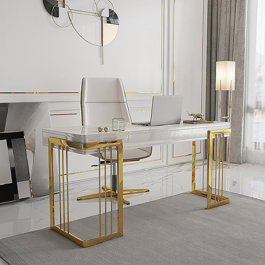 HMR Modern 47" Office Computer Desk with Drawer and Gold Base - White