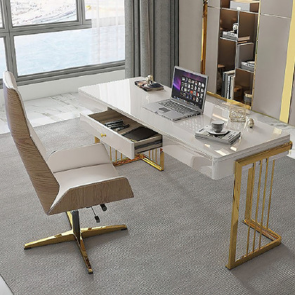 HMR Modern 47" Office Computer Desk with Drawer and Gold Base - White