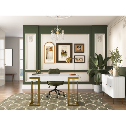 HMR Modern 47" Office Computer Desk with Drawer and Gold Base - White