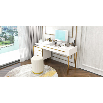 HMR - Cylina 4-Drawer Vanity Table with Storage and Flip Top Mirror in White and Gold