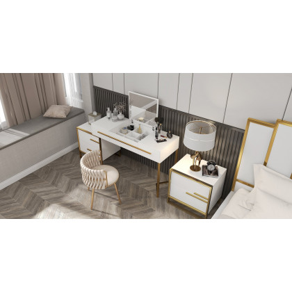 HMR - Cylina 4-Drawer Vanity Table with Storage and Flip Top Mirror in White and Gold