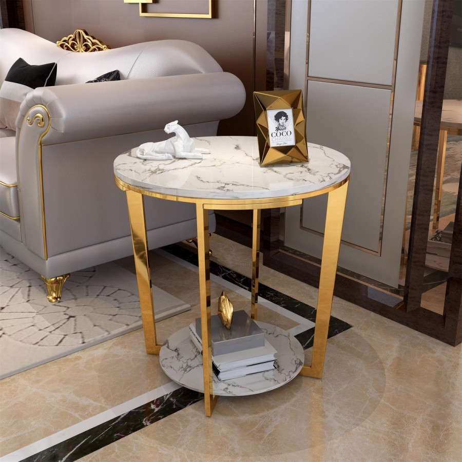 HMR - Faux Marble Round End Table in Gold Stainless Steel