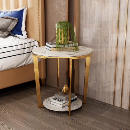 HMR - Faux Marble Round End Table in Gold Stainless Steel