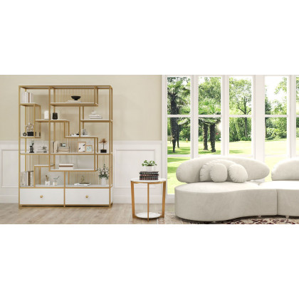HMR - Faux Marble Round End Table in Gold Stainless Steel