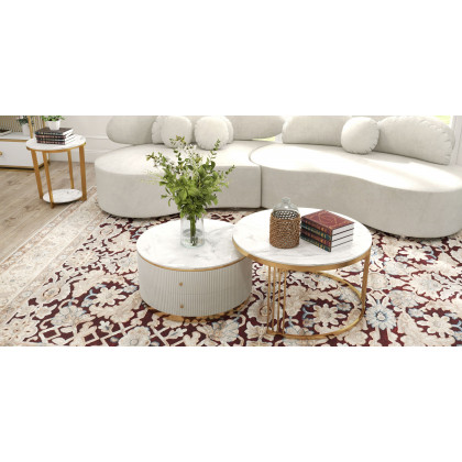 HMR - Faux Marble Round End Table in Gold Stainless Steel