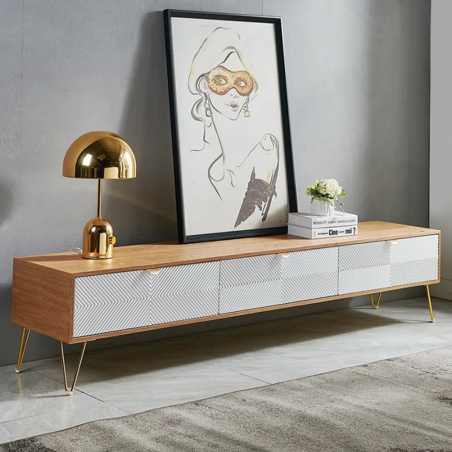 HMR - Nordic TV Stand Fluted Design White and Gold with 3 Drawers in 78.7"W