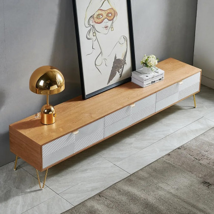 HMR - Nordic TV Stand Fluted Design White and Gold with 3 Drawers in 78.7"W