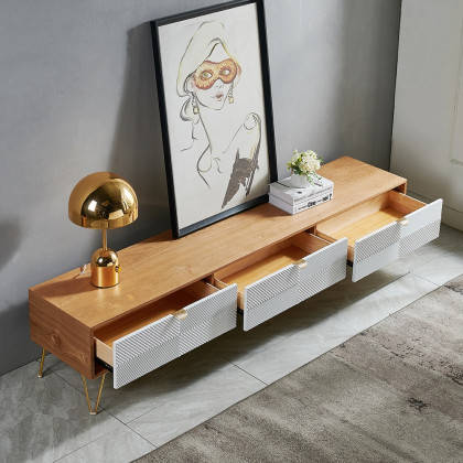 HMR - Nordic TV Stand Fluted Design White and Gold with 3 Drawers in 78.7"W