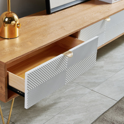 HMR - Nordic TV Stand Fluted Design White and Gold with 3 Drawers in 78.7"W